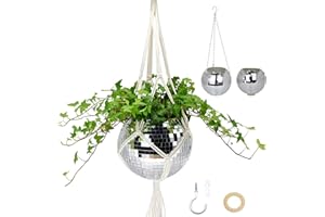 TIALERO Disco Ball Planter, 8" Disco Planter with Hanging Rope, Hanging Chain & Hook & Ring Stand, Disco Ball Plant Hangers for Indoor and Outdoor Plants (Silver, 1 Pack 8")