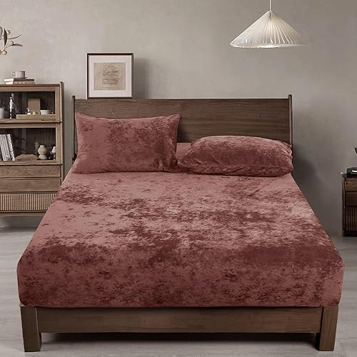 PHF Truly Velvet Fitted Sheet Only California King Size, Luxury Super Soft Cozy Fuzzy Fleece Bottom Sheet with Deep Pocket Up to 16", Suitable for Fall Winter Spring, No Pillowcases, Rust Red