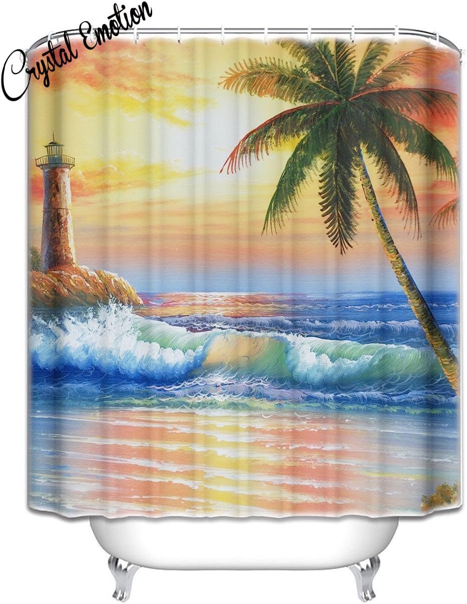 Crystal Emotion sea waves palm trees island lighthouse sunset sky shower curtain,71x72inch