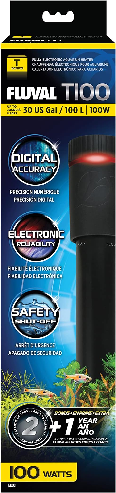 Fluval T100 Fully Electronic Heater for Freshwater Up to 30 Gallons