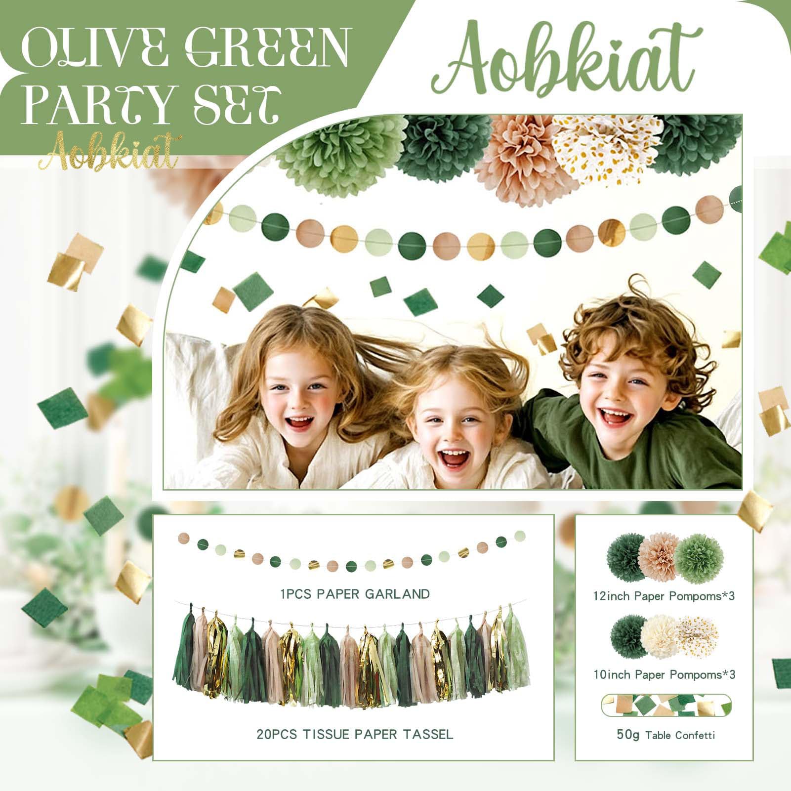 AOBKIAT Sage Green Wedding Party Decorations,28 PCS Tissue Paper Pom Poms,Circle Dots Garland Paper Tassels Hanging Backdrop for Girl Women Birthday,Bridal Baby Shower,Boho Wedding Party Supplies
