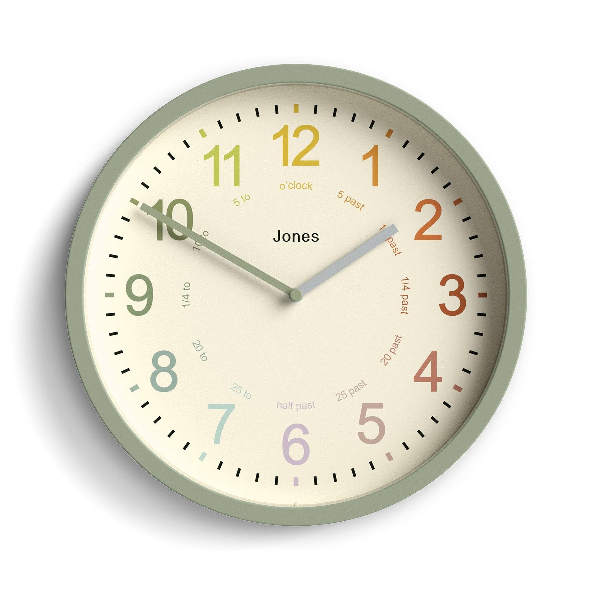 Jones Clocks® Kids wall clock | Small modern children’s clock | 25cm | Sage green | Colourful numbers | Learn to tell the time