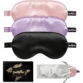 PrettyCare Silk Sleep Mask 3-Pack, Mulberry Silk Eye Mask with Adjustable Strap in Black/Pink/Purple - Blackout Blindfold for