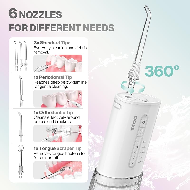 Travel Water Flosser, Schnurlose Taschenmunddusche, 5 Druckmodi, 6 Strahlspitzen, USB-wiederaufladbar, kompaktes Design, tragbare Munddusche (Wolke)