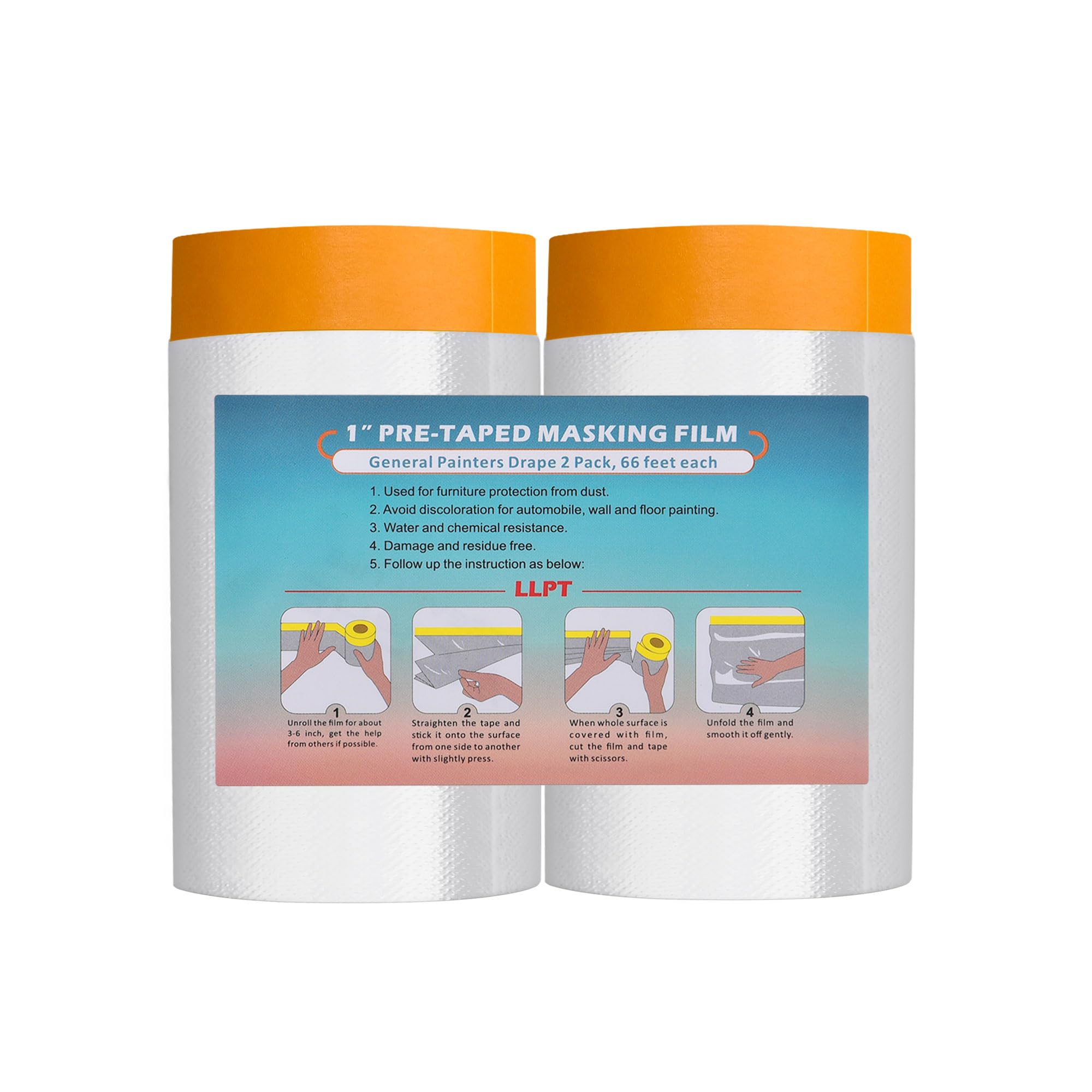 LLPT Tape and Drape Pre-Taped Masking Film | 2-Pack | 140cm(Unfolded) x 20m | Versatile Painter's Plastic Dust Sheets | for Auto Wall Furniture Painting and Spraying Protection (MFT1402)