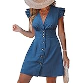 CUPSHE Women's Striped Summer Dresses V Neck Casual Mini Dress Flutter Sleeve Ruffle Button Sundresses