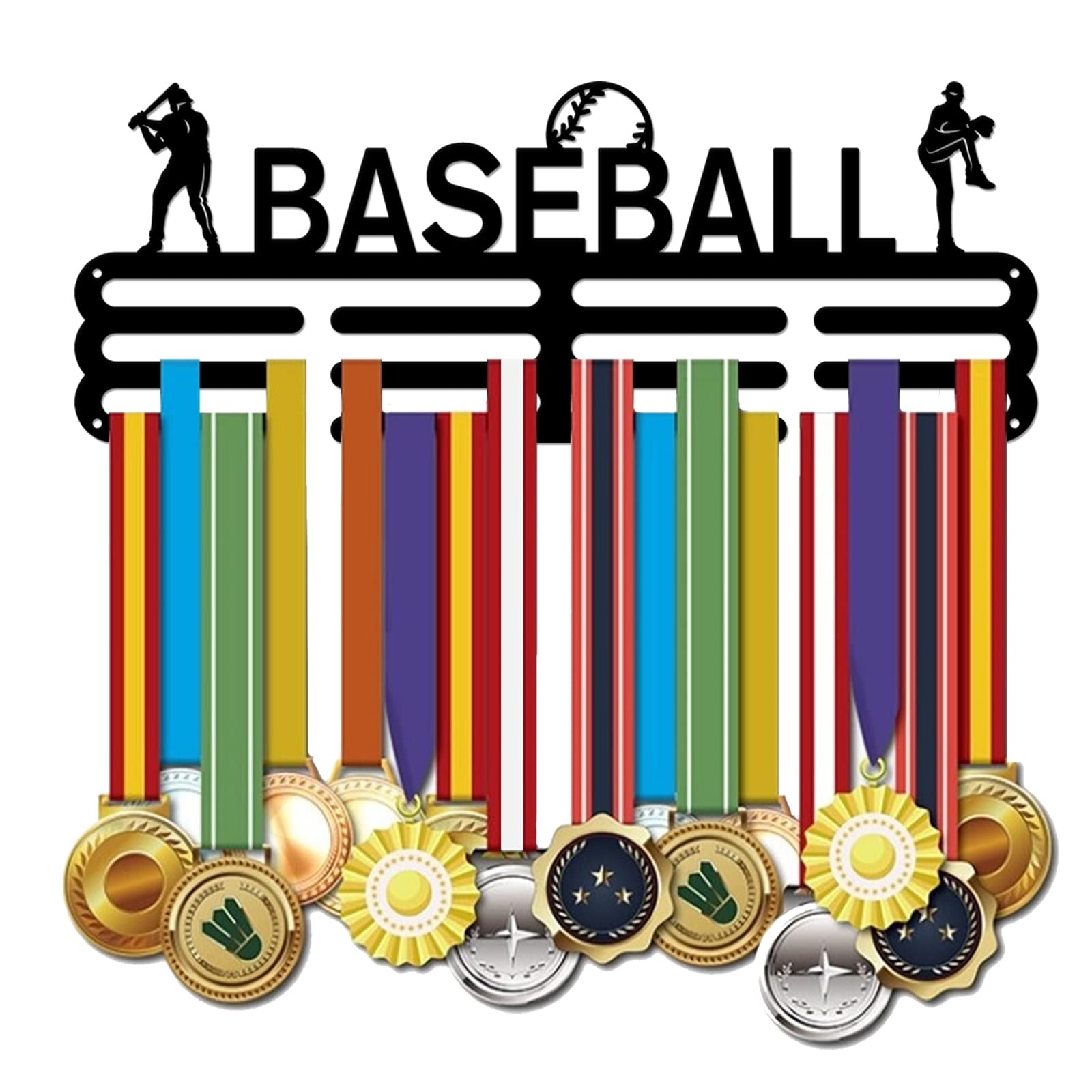 SUPERDANT Baseball Medal Display Hangers Sports Medal Display Holders Over 60 Medals Black Sturdy Steel Awards Display Racks Wall Mounted Medal Holders with 8 Lines for Ribbons Lanyards 15x40 cm