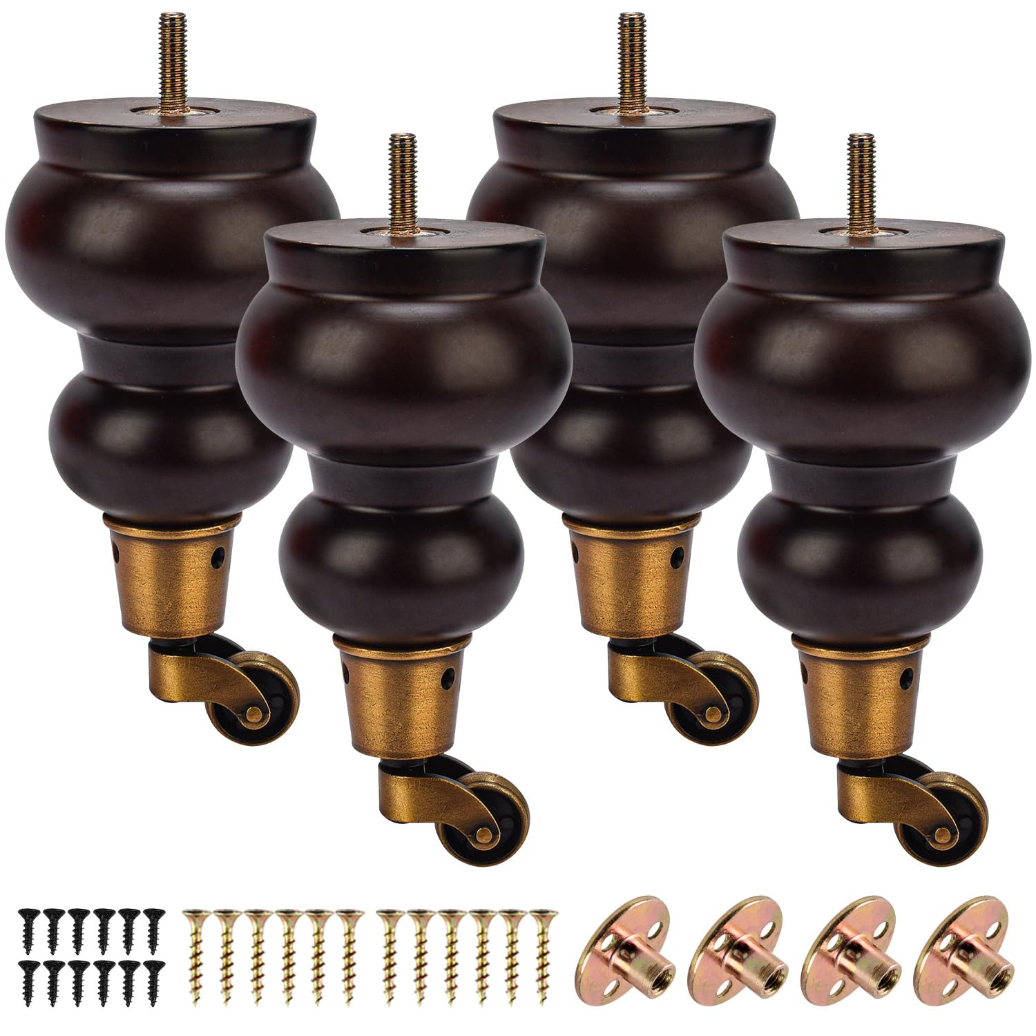 6.8 Inch /17cm Furniture Legs with Castors, 4Pcs Walnut Solid Wood Feet Round Gourd Wooden Turned Replacement Feet with Threaded M8 Hanger Bolts & Mounting Plate & Screws For Chair,Recliner,Ottoman