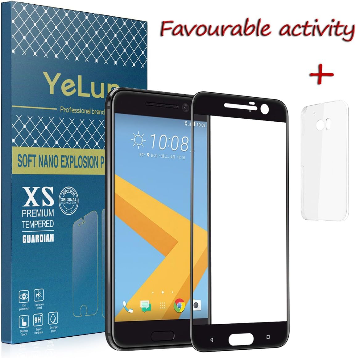 HTC 10 Screen Protector Glass (Full Screen Coverage),Tempered Glass Screen Protector - YELUN 9H Hardness Tempered Glass Bubble-free Arc Edge Design Screen Protector for HTC M10 (Black)