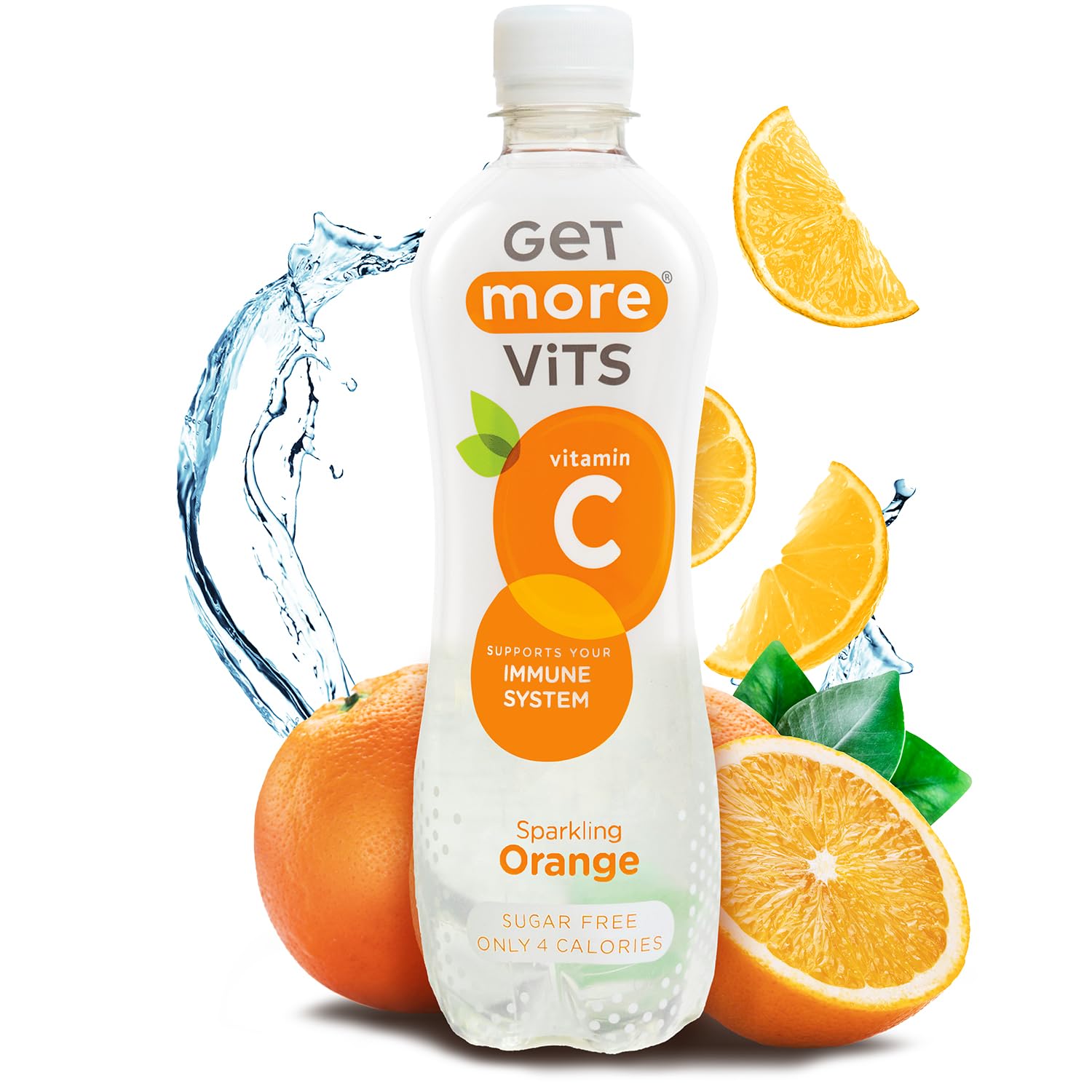 Get More Vits - Vitamin C Sparkling Orange Flavoured Spring Water (12 x 500ml), Sugar-Free, Low-Calorie, Stronger Immune System, Faster Iron Absorption, Tangy, Refreshingly-Fizzy, Vegetarian, Vegan