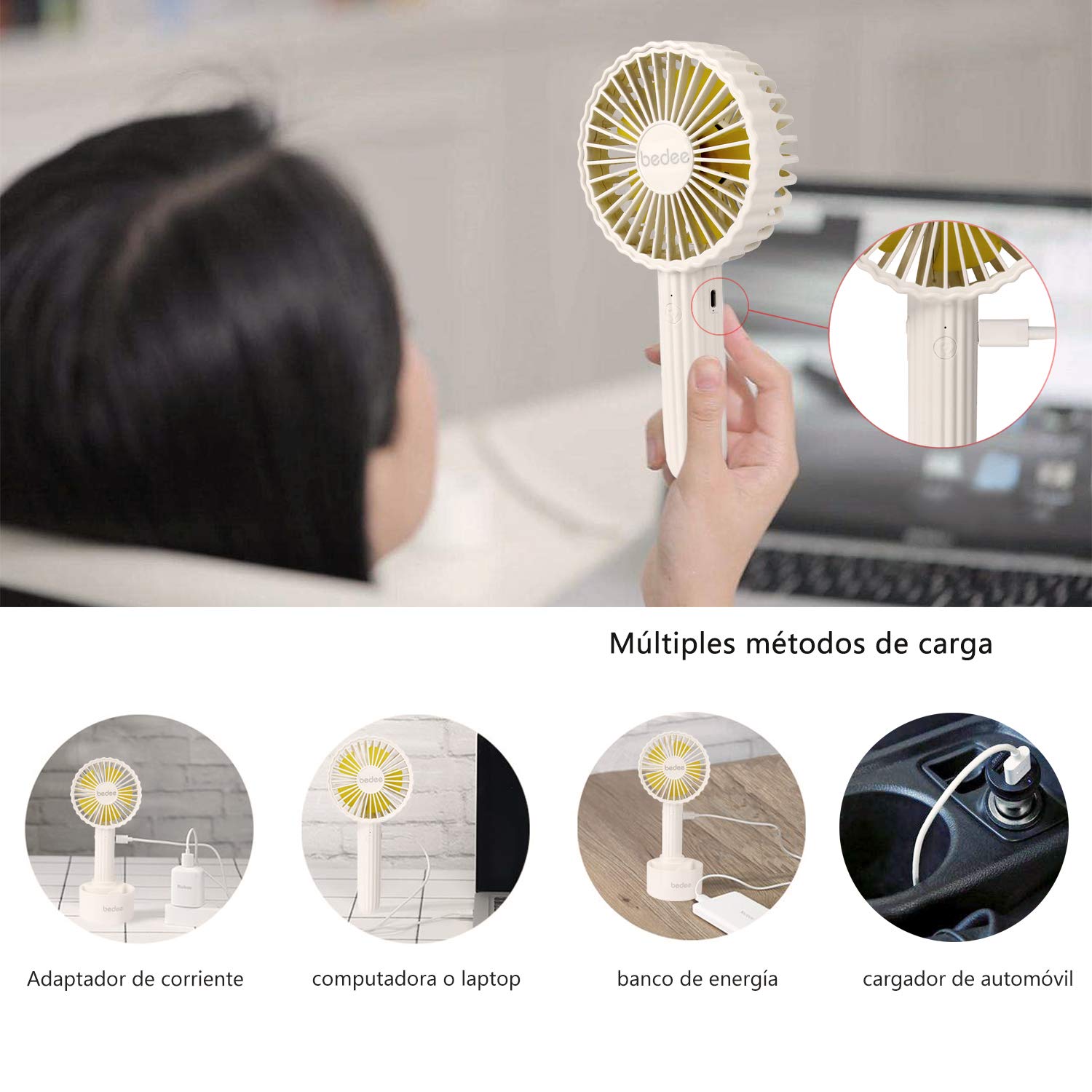 bedee Ventilador de Mano,Mini Ventilador Portatil de Mano para Exteriores con USB batería Recargable de 1200 mAh,3 Niveles de Velocidad Ajustables,casa y Viajes(Blanco)