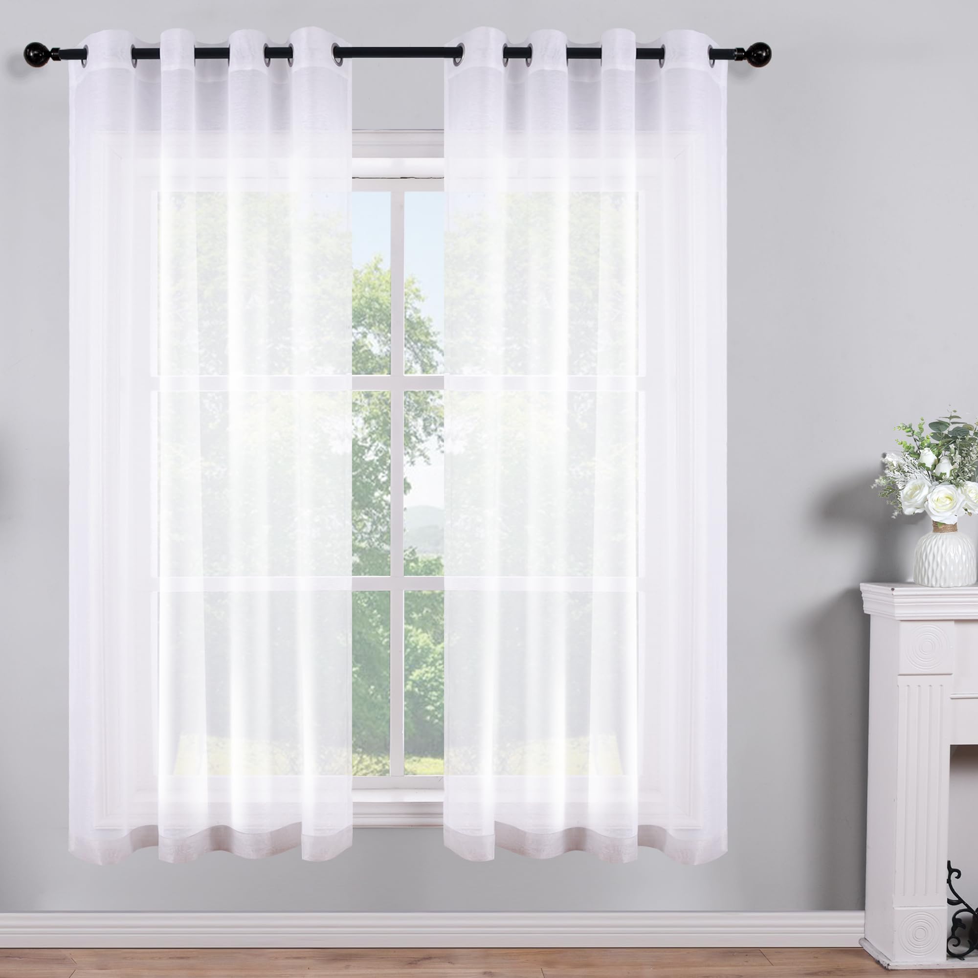 White Short Sheer Curtains 45 Inch Length for Small Windows Grommet 2 Panels Set Solid Faux Linen Gauze Voile Drapes Window Semi Sheer Curtains for Bedroom Bathroom Kids Room Kitchen Wide 52x45 Long