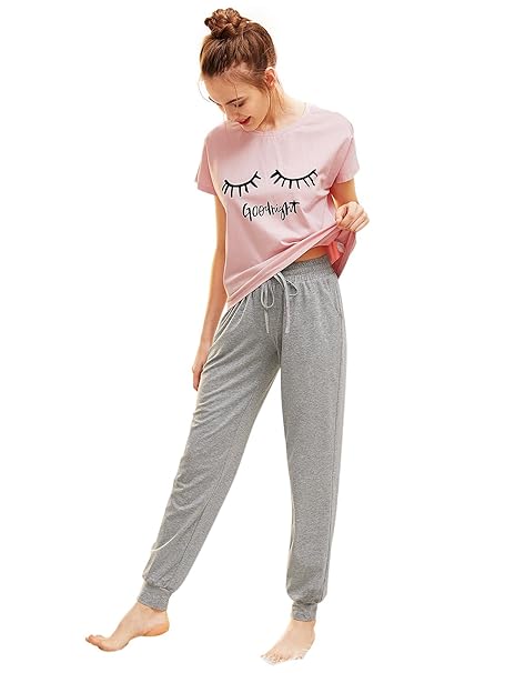 DIDK Damen Schlafanzug Set mit Slogan Kurzarm Shirt und Lang Schlafanzughose Sleepwear Pyjama Set