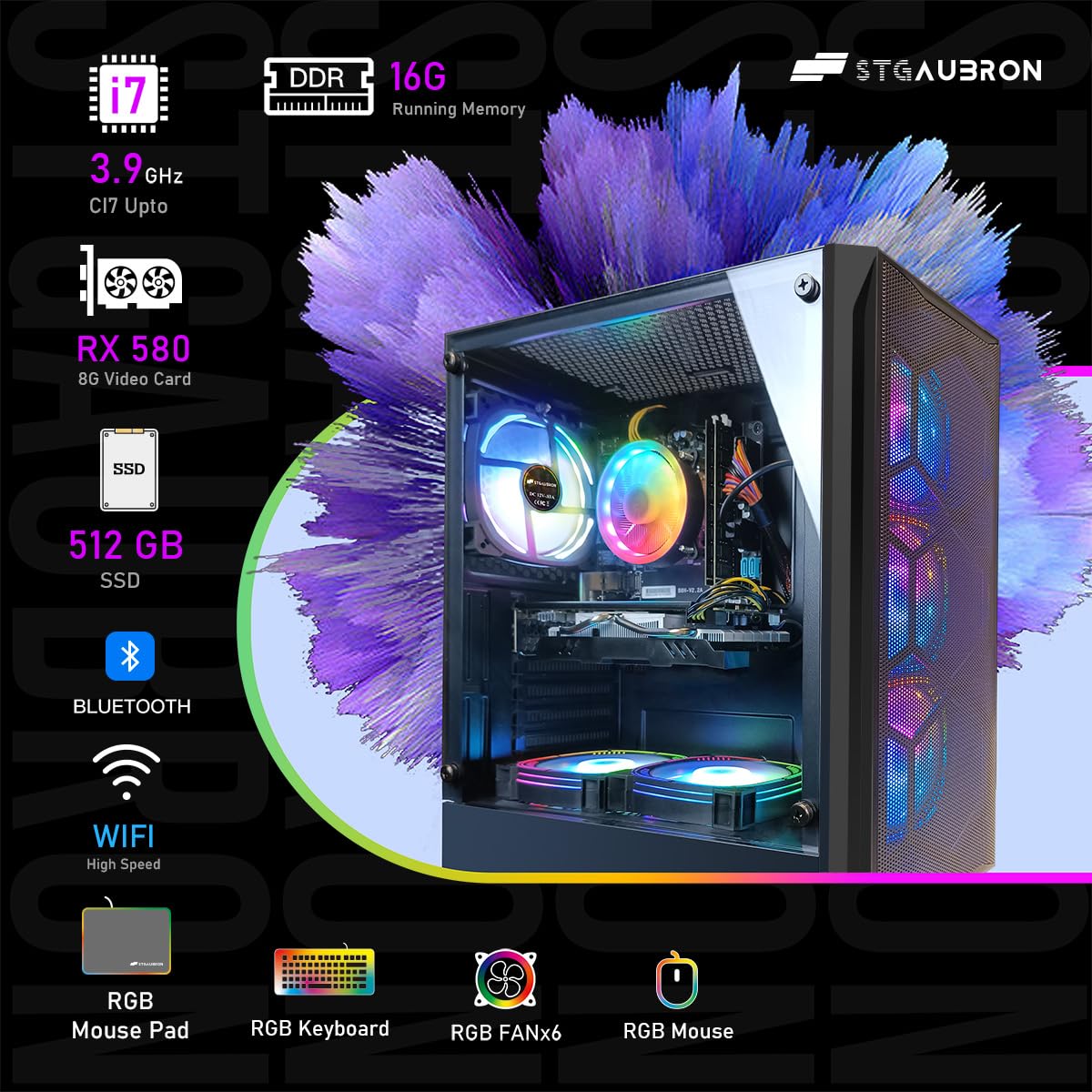 STGAubron Gaming PC Desktop Computer, Intel Core i7 up to 3.9GHz, Radeon RX 580 8G, 16G RAM, 512G SSD, WiFi 6, Bluetooth 5.0, RGB Fan x6, Windows 11 Home