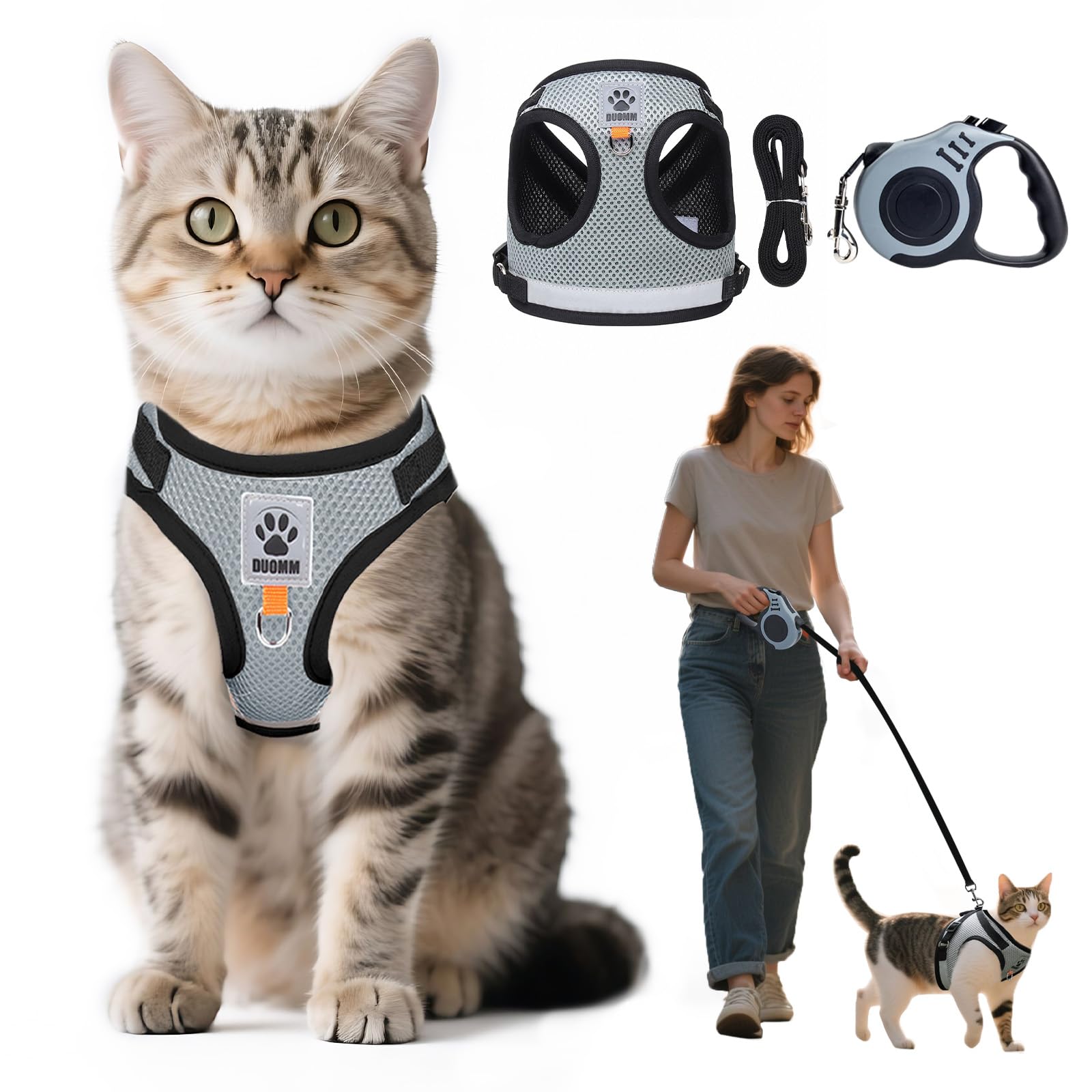 Aedcbaide Cat Harness and Lead Set Escape Proof UK Automatic Retractable Cat Lead and Harness Set with Reflective Strips for Kitten Small Cats, 5m/16.4Ft Cat Leash for Garden Walking