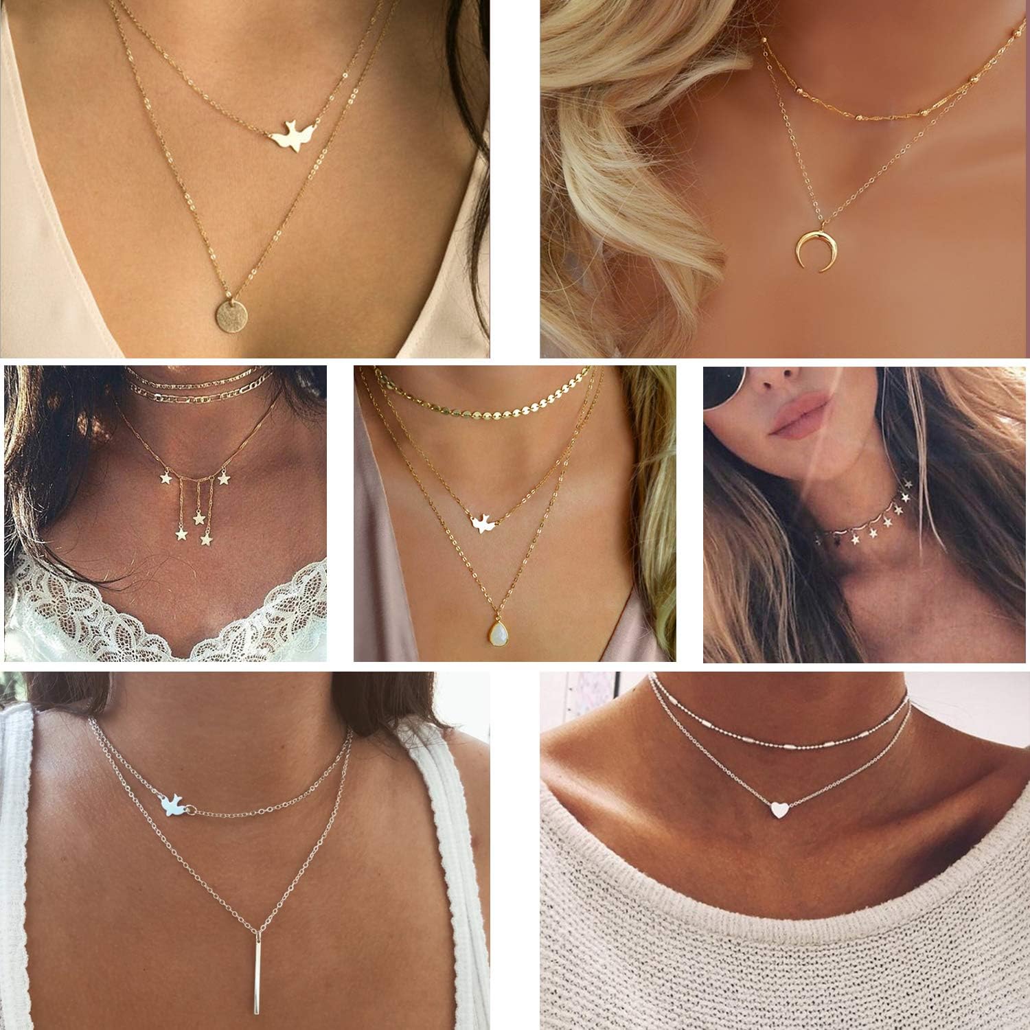 20 PCS Multiple DIY Layered Choker Necklace for Women with Sexy Coin Moon Star Multilayer Choker Chain Y Necklaces Set Adjustable Gold Silver Bar Pendant Y Necklace for Teens Girls Women (20 PCS): Clothing