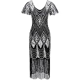Vijiv Women's 1920s Gatsby Inspired Sequin Beads Long Fringe Flapper Dress with Sleeves