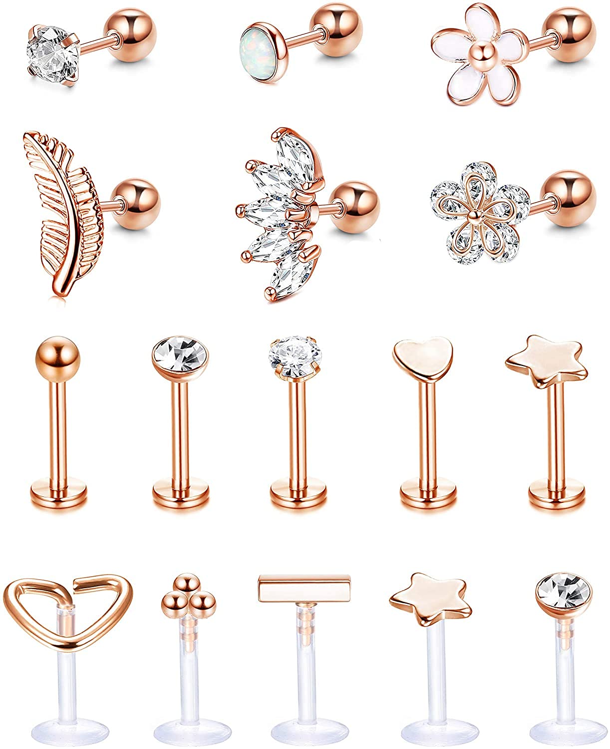 MILACOLATO Forward Helix Daith Cartilage Tragus Earrings Stud Stainless Steel Acrylic Clear Lip Nose Rings Labret Studs CZ Flowers Leaf Opal Barbell Cartilage Earring Piercing Jewelry 16G 8mm