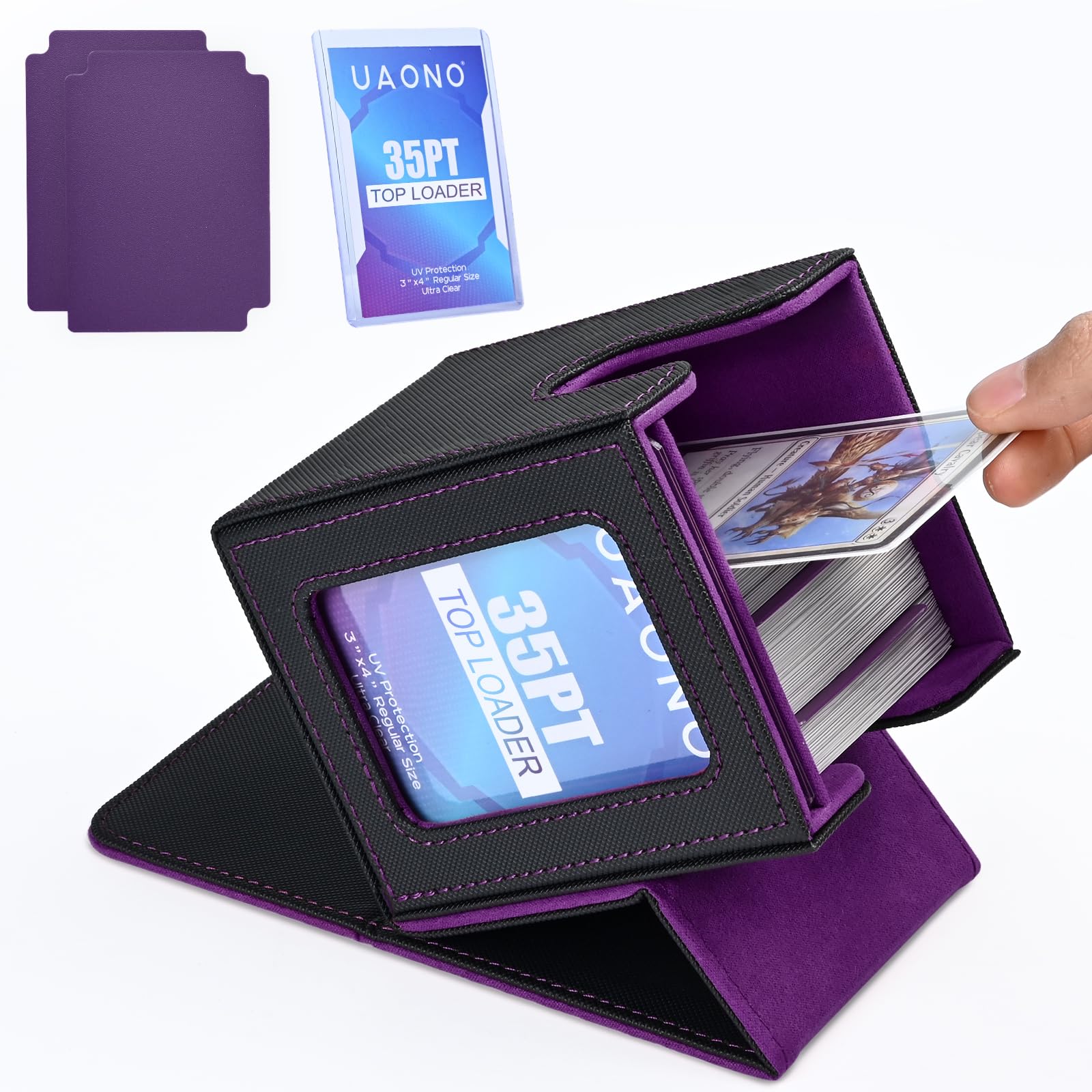UAONO Card Deck Box with MTG Commander Display, Patented Design Card Deck Case Holds 100+ Double-Sleeved Cards, PU Leather Cards Storage Box For TCG with 2 Dividers, 1 Top Loader (Black&Purple)