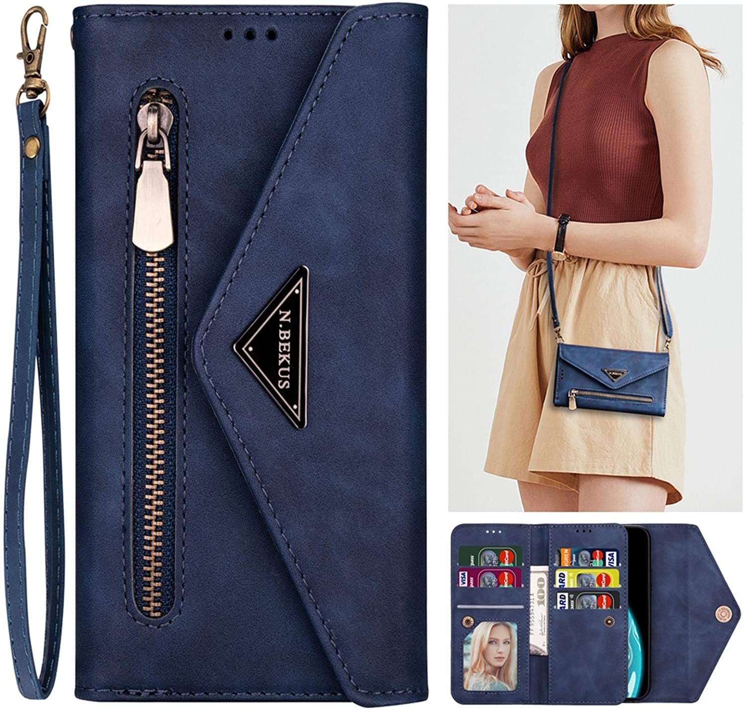 iPhone 11 Pro Crossbody Phone Pouch with Lanyard PU Leather Folio Magnetic Flip Cover with Card Holder Soft TPU Protective Phone Case for Women Men iPhone 11 Pro Zipper Money Wallet Purse Case Blue