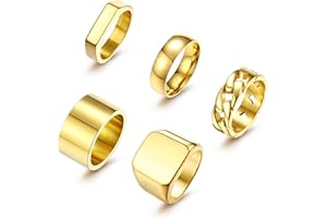 Sanfenly 5 PCS 14K Gold Rings for Men Mens Gold Ring Mens Stainless Steel Rings Square Signet Rings Pinky Thumb Ring Chunky Thick Band Cuban Link Chain Ring Cool Finger Ring Wedding Band Ring for Men（Size 7-15）