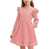 Girls Ruffle Hem Long Sleeve Dress Elastic Cuffs Knit Casual Fall Dresses with Pockets 6-14 Years