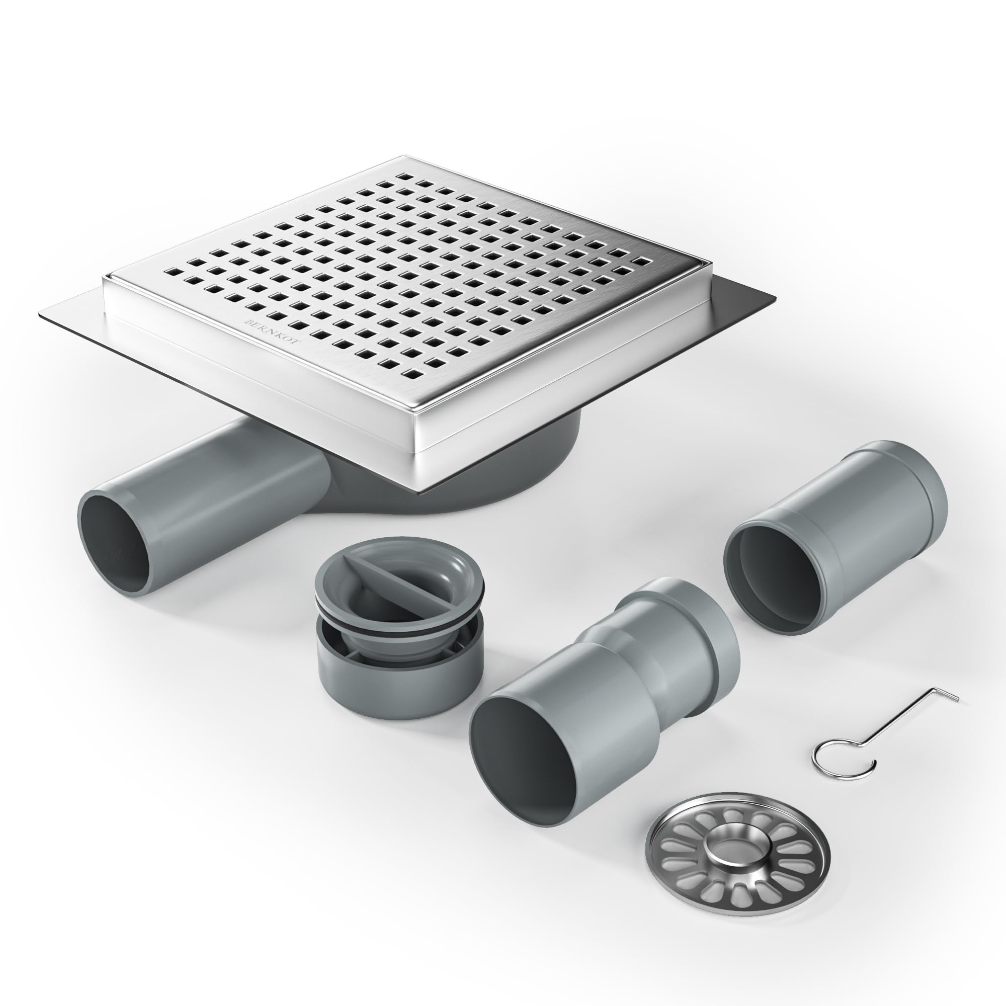 Bernkot DN50 DN40 Square Shower Channel 15 x 15 cm 360° Siphon with Odour Stop and Hair Strainer Stainless Steel Drain Channel Floor Drain Shower Drain Very Flat
