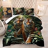 Ydtwnyq Tiger Bedding Set Twin, Dark Green Comforter Set, Tropical Plants Wildlife Animal Tiger Comforter Set Quilt Cover with 2 Pillowcases for Kids Teens Adults,Twin