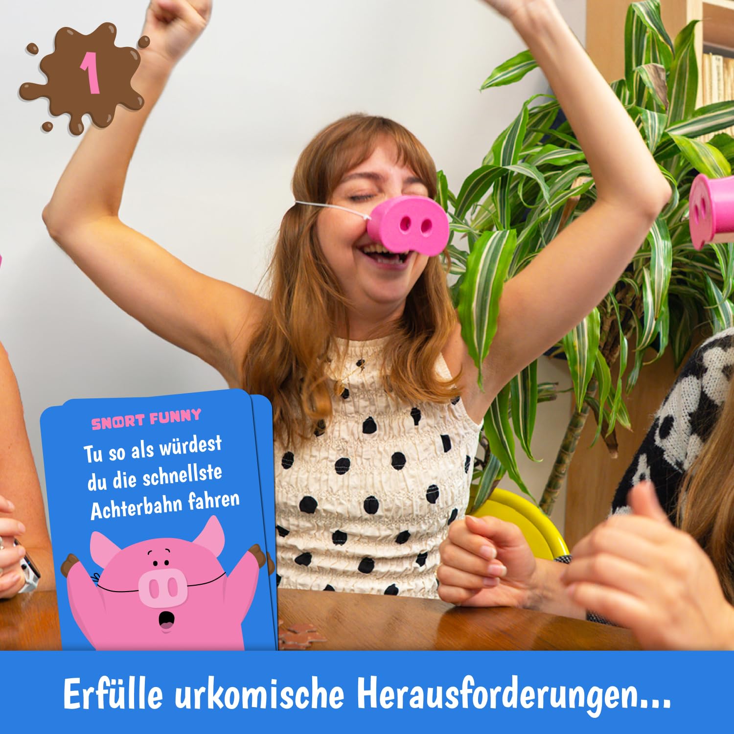 Lucky Egg Snort Funny - Partyspiele Für Erwachsene und Kinder - Wer Lacht, Hat Verloren – Familienspiele Mit 150 Challenge Cards, 5 Pig Snout – Lustige Spiele Für Freunde - 4–8 Spieler - Ab 8 Jahren 5