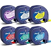 Label KINGDOM Compatible with Dymo LetraTag Refills Plastic Black on Clear/White/Yellow/Red/Green/Blue Color Combo Set 1/2" x 13' Label Tape for LetraTag LT100H LT100T QX50 200B Label Maker, 6-Pack