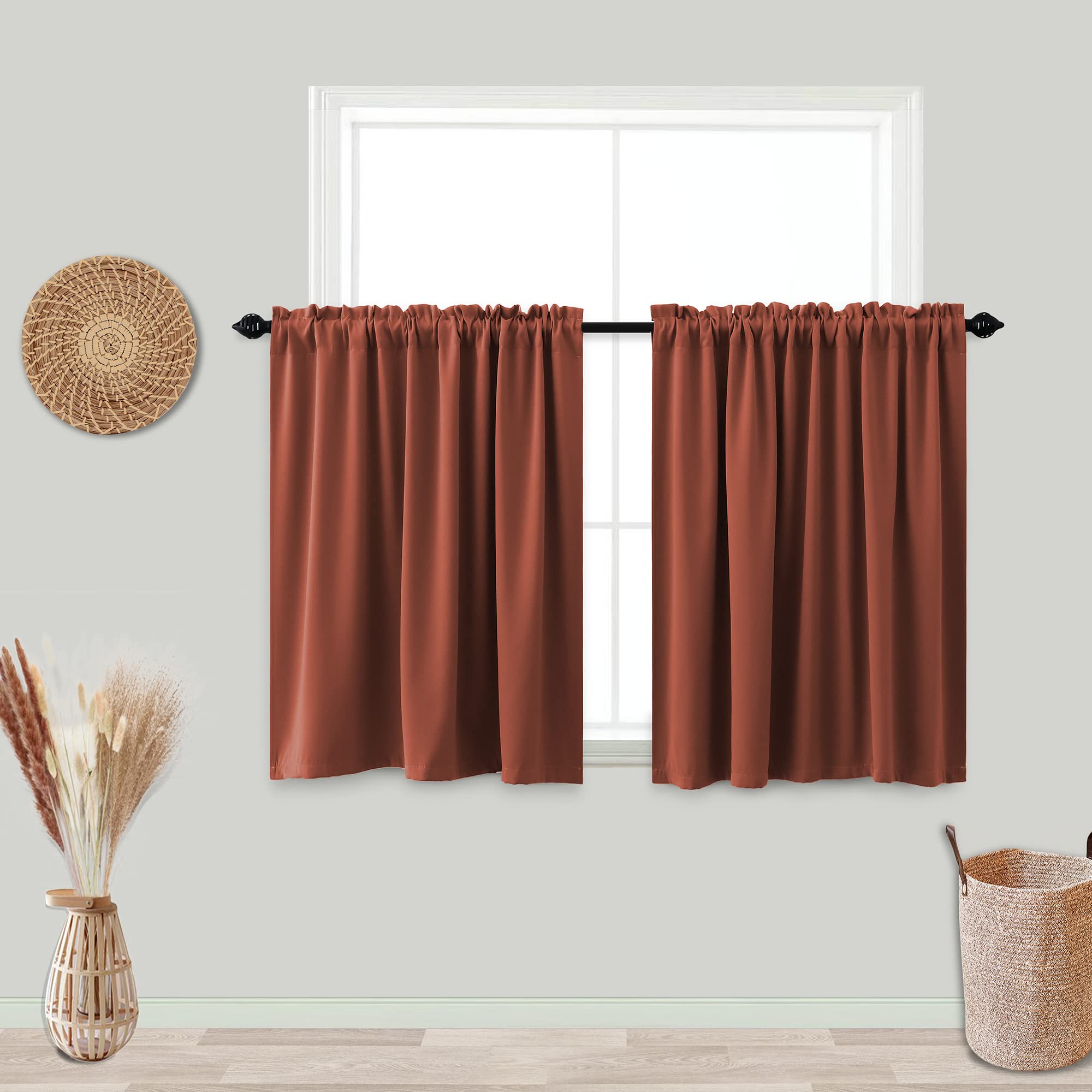 KOUFALL Terracotta Kitchen Curtains 24 Inch Length Rod Pocket Blackout Cafe Curtain Tiers Red Rust Boho Curtains for Room Decor