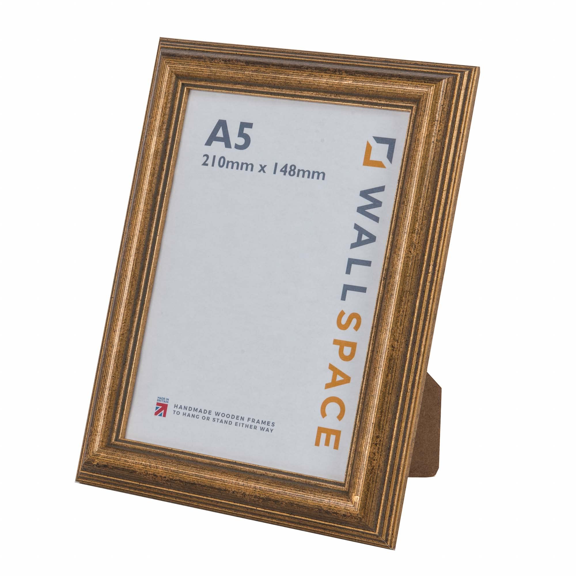 Wall Space A5 Antique Gold Picture Frame | Gold A5 Photo Frame | 210x148mm | 210 x 148mm | 21.0x14.8cm | Solid Wood Wooden with Real Glass | Handmade in UK