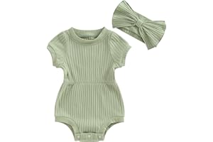FOCUSNORM Baby Girl Summer Clothes Ribbed Short Sleeve Romper Solid Color Bodysuits Bow Headband Outfit Newborn Girl Jumpsuit