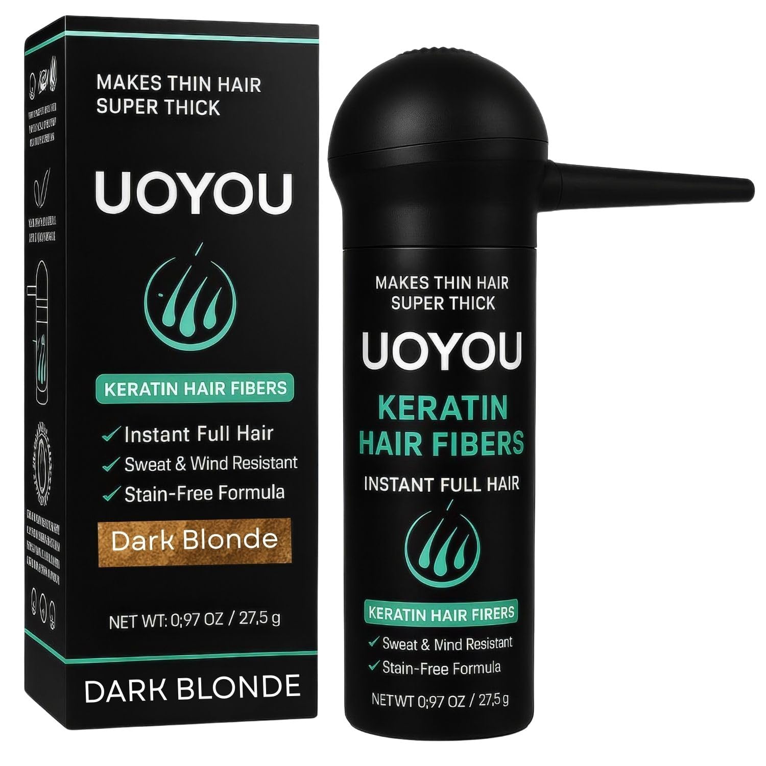UOYOU Hair Fibres DARK BLONDE 27.5g with Pump Applicator – Natural Keratin Hair Building Fibers for Thinning Hair – Undetectable, Sweat- & Wind-Resistant Concealer for Men & Women