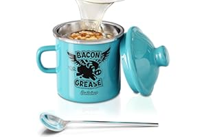 PGYARD Mini Bacon Grease Container With Strainer - 15OZ Farmhouse Enamel Grease Saver, Fat Storage For Kitchen, Dishwasher Safe-Light Blue