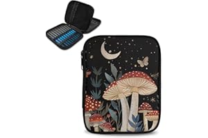 Vanideaoty Moon Mushroom Crochet Hook Case Organizer Easy to Clean Knitting Needle Storage with Web Pockets Crochet Hook Case for Travel Lightweight