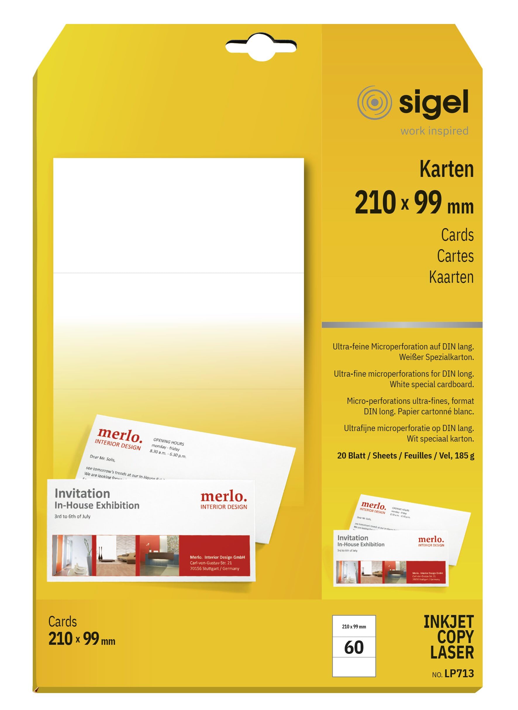 SIGEL LP713 Compliment Cards, DL, 185gsm, 60 Pieces equal to 20 sheets, White