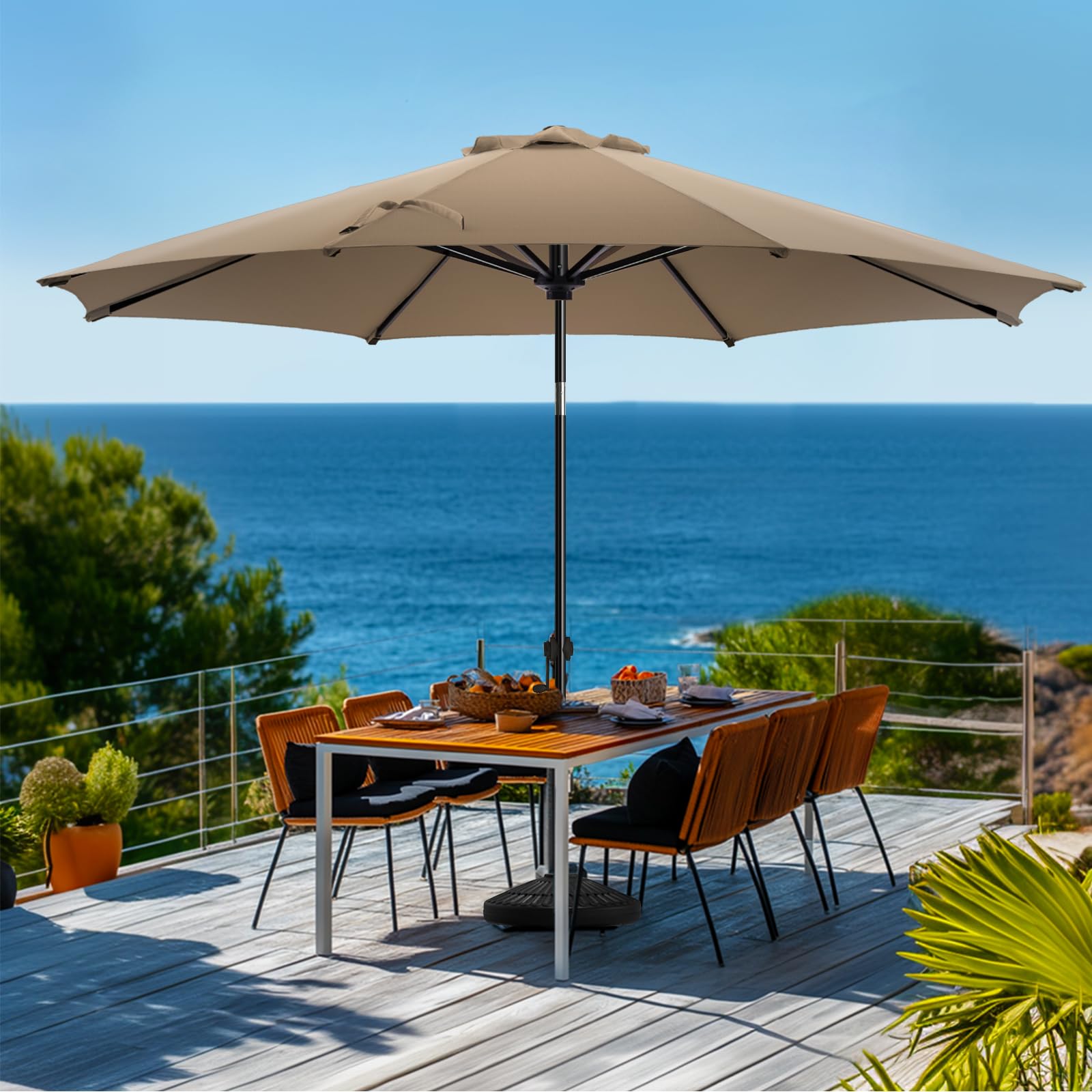 Photo 1 of wikiwiki 11 FT Patio Umbrellas Outdoor Table Market Umbrella with Push Button Tilt/Crank, 8 Sturdy Ribs, Fade Resistant Waterproof POLYESTER DTY Canopy for Garden, Lawn, Deck, Backyard & Pool, Tan
