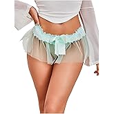 OYOANGLE Women's Mesh Babydoll Lingerie Cute Bow Tie Ruffle Lace Trim Thong Panty Low Rise Underwear