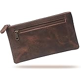 WANDERINGS Vintage Leather Pencil Pouch Case - 9"x5.5" - Hand Crafted Functional Brown Leather Zipper Pouch - Slim Pencil Case Holder for Men and Women - Pencil Bag for Artists