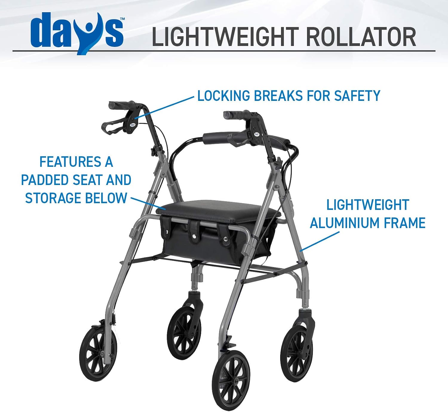 Days Lightweight Folding Rollator Walker, Mobility Aids, Adjustable Walking Frame with Padded Seat, Lockable Brakes - Image 3