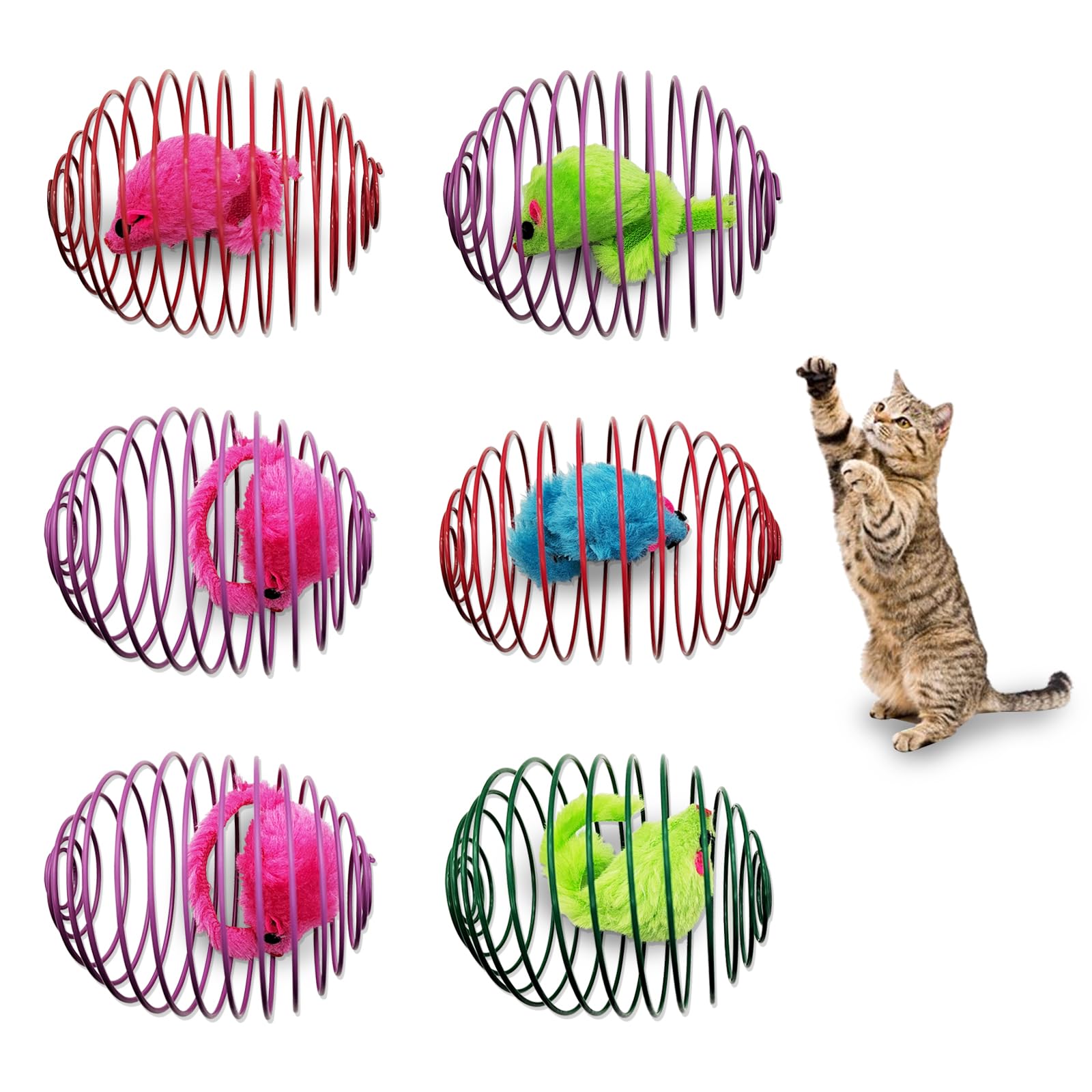 Andiker 6Pcs Cat Spring Toys, Colorful Spring Balls with Mice&Bell Ball&Rainbow Ball Metal Cage Balls Spring Cat Toy for Cats Playing Kicking Chasing Exercising (Random Color 2)