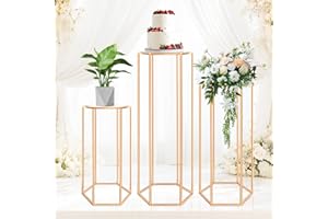 trulpro Cylinder Stands for Party Set of 3, Gold Metal Cake Pedestal Stand for Party Flowers, Hexagon Decorative Pedestal Stand for Wedding Birthday Party