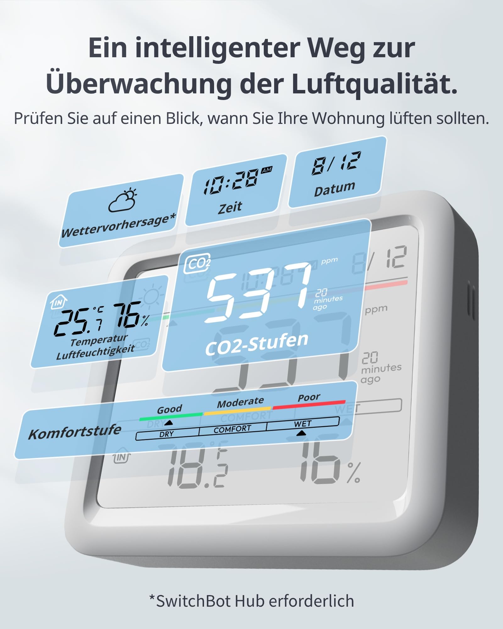 SwitchBot CO2-Melder, CO2 Messgerät mit Thermometer Hygrometer Innen, Luftqualität Messgerät mit CO2-Alarm, Bluetooth CO2 Sensor mit APP, 2 Jahre Datenspeicher, Hub erforderlich 2