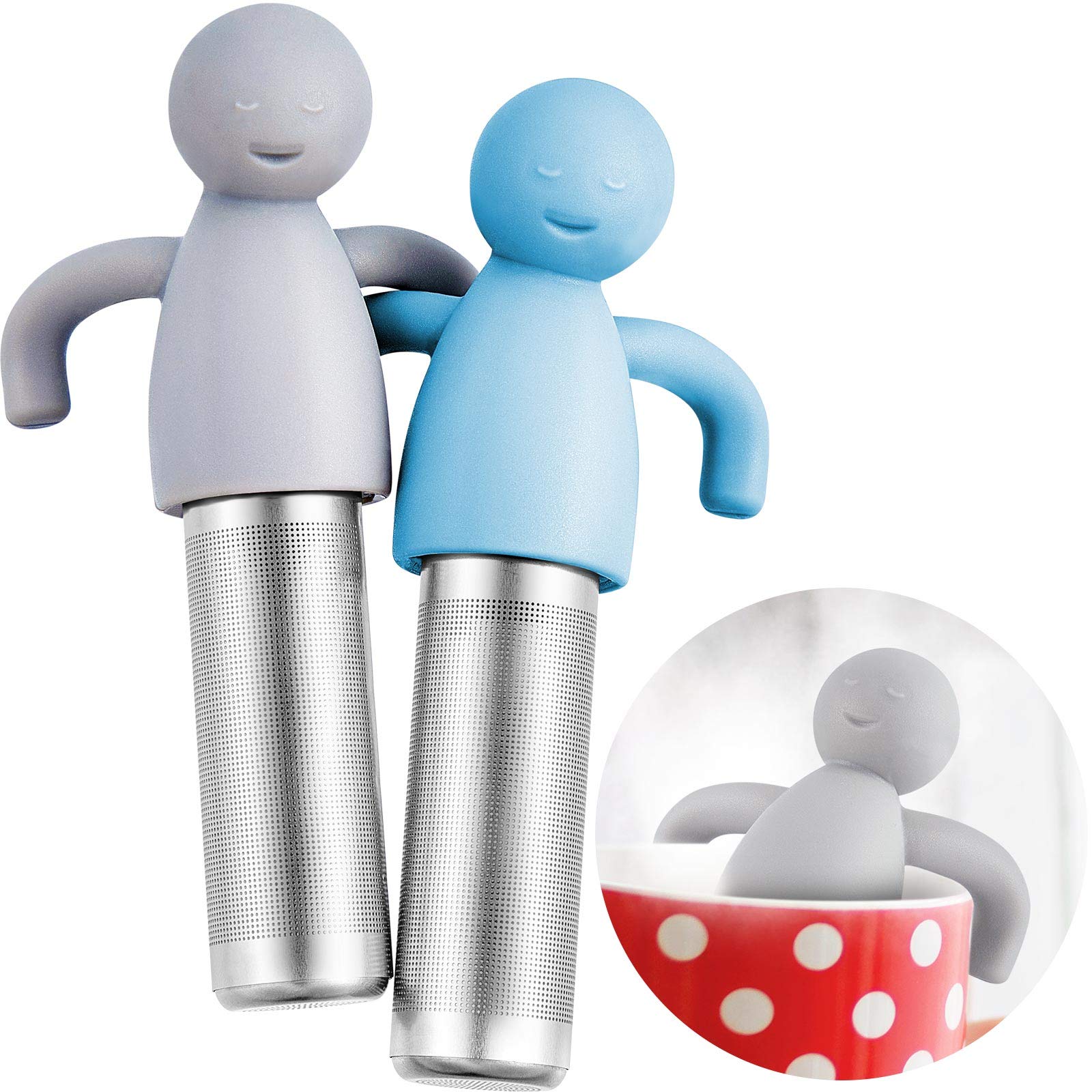 Photo 1 of 2 Pieces Tea Infuser for Loose Tea Cute Fine Mesh Tea Strainer Stainless Steel Tea Filter Ball Tea Diffuser Steeper for Teacups Teapots (Blue, Gray)