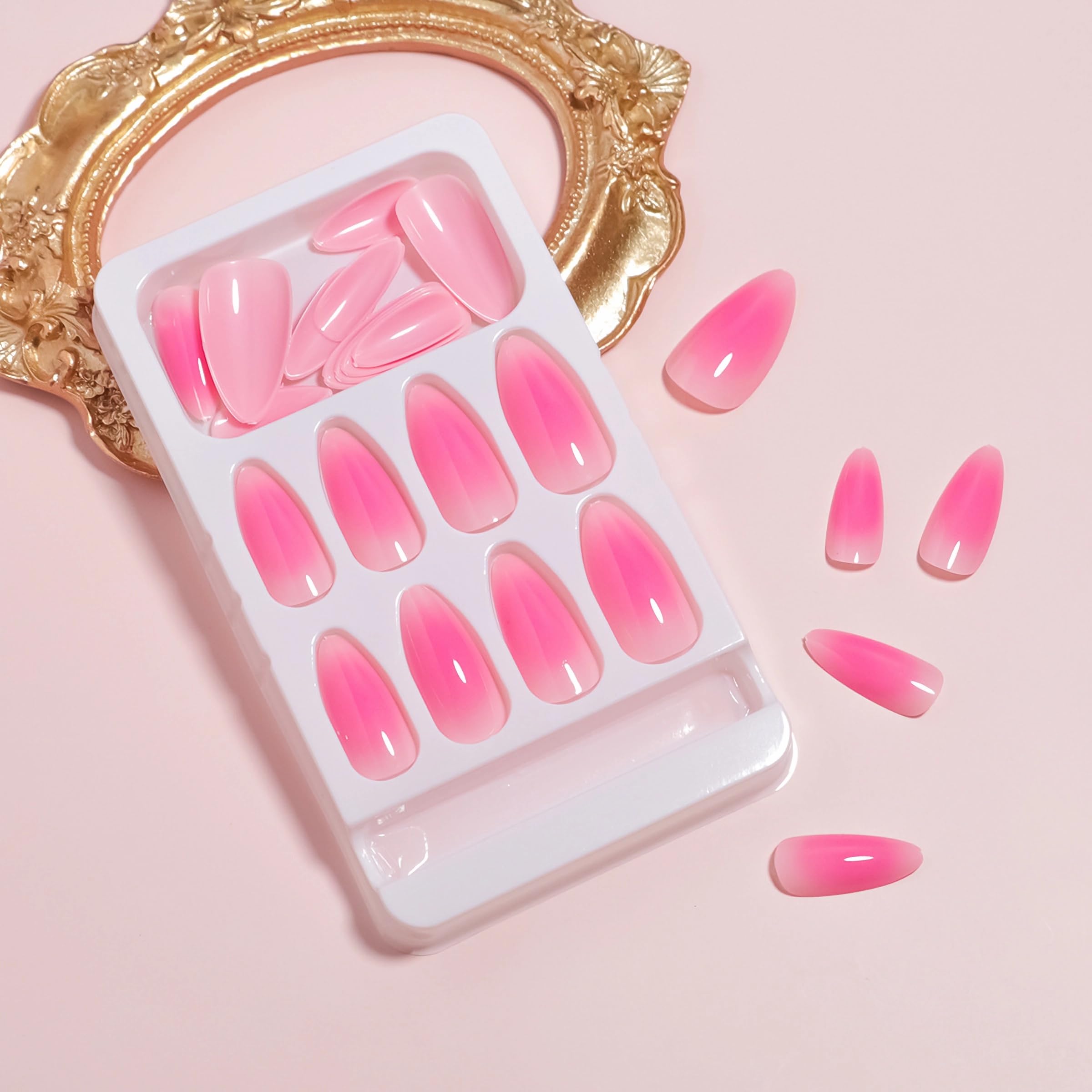 MERVF Almond Press On Nails - Medium Pink Gradient Glue Ons with Aura Design - Stiletto Acrylic Fake Nails - 24pcs Glossy - Image 3