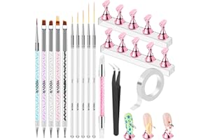 YOOVR Nail Art Tools Set, Nail Stand for Press on Holder for Painting Nails, Nail Art Brushes and Dotting Tools, Nail Design Tools Supplies, Gel Polish and Builder Brush, French Tip Brush, Liner Brush