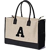 ESVAN Personalized Gifts Canvas Tote Linen Bags Handbags Top Zipper Closure Initial Retro Utility Tote