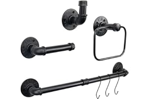 Jeasor 4-Pieces Industrial Pipe Bathroom Towel Ring Kit DIY Wall Mount Accessories Kit Includes Robe Hook Towel Bar and Towel