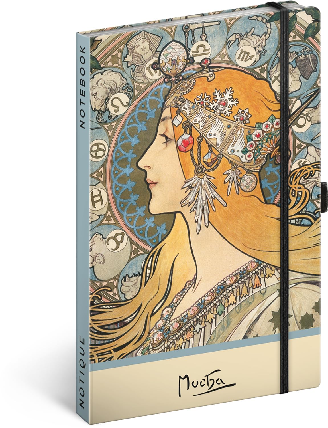 NOTIQUE Alphonse Mucha Zodiak Polka Dot Notebook with Elastic Band, 13 x 21 cm, Approx. A5, Designer Hardcover Notebook Dotted, Notepad, Journal, Diary for Adults, Women